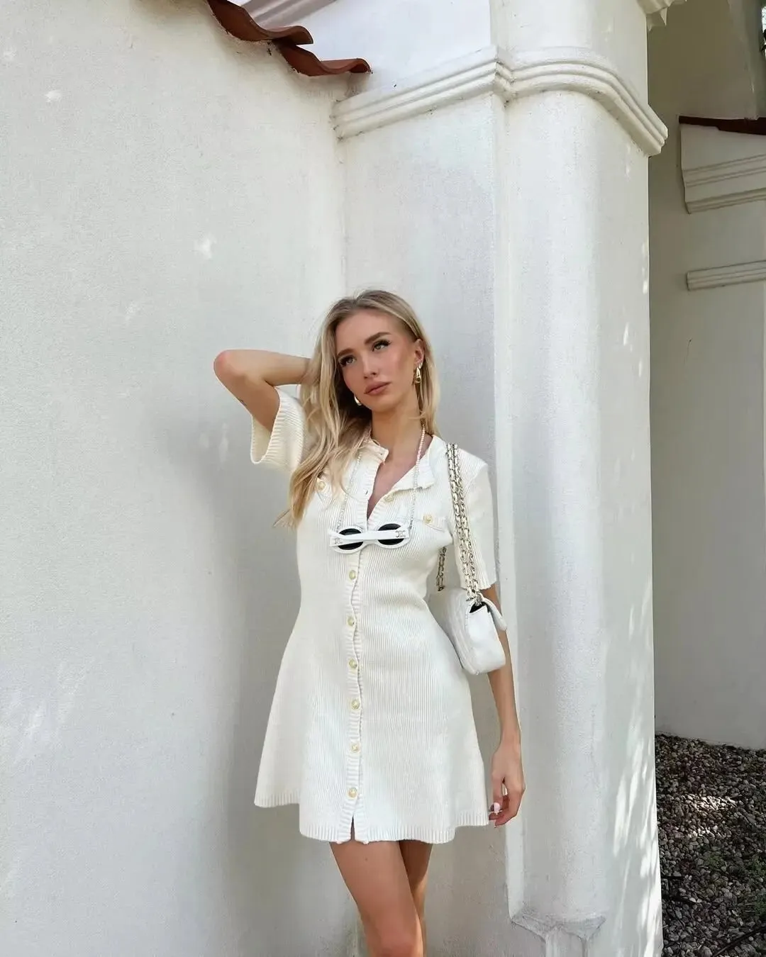 White Knit Short Charming Sleeve Buttoned Mini Dress