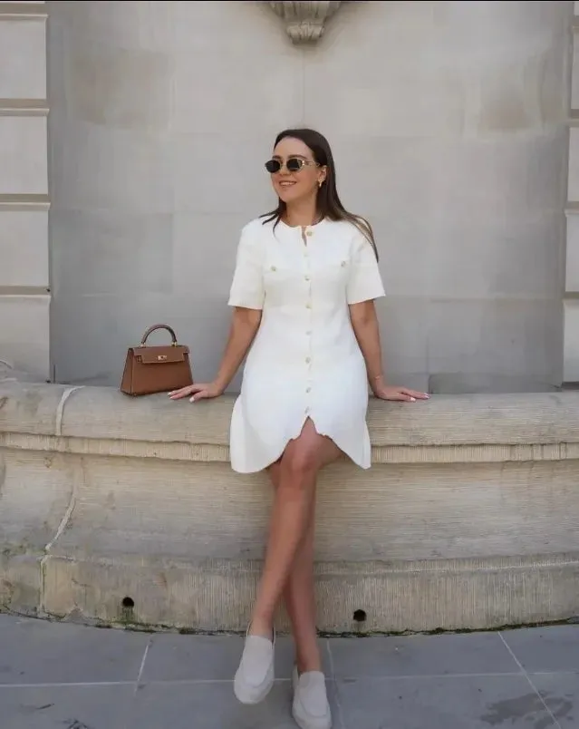 White Knit Short Charming Sleeve Buttoned Mini Dress