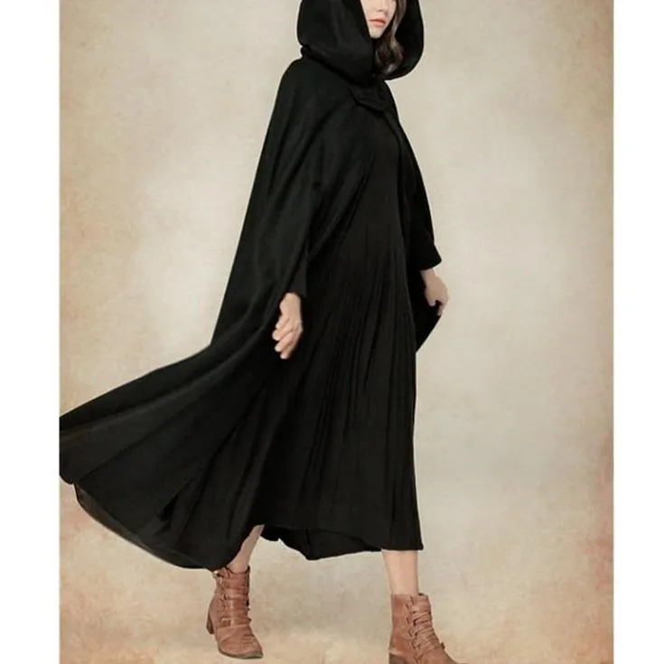 Women hooded cape solid color long duster coat