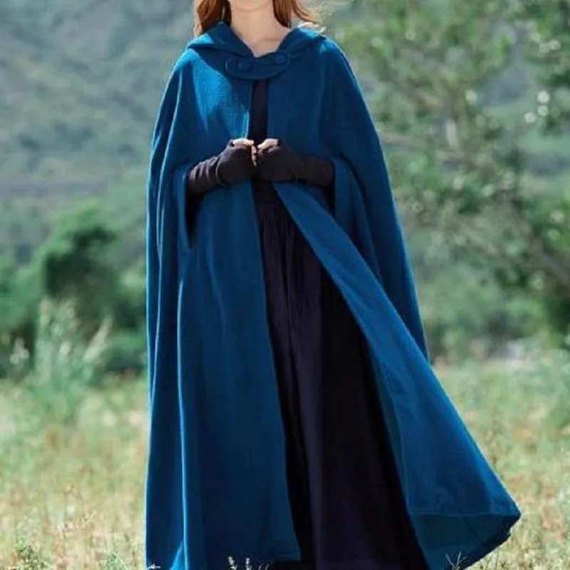 Women hooded cape solid color long duster coat