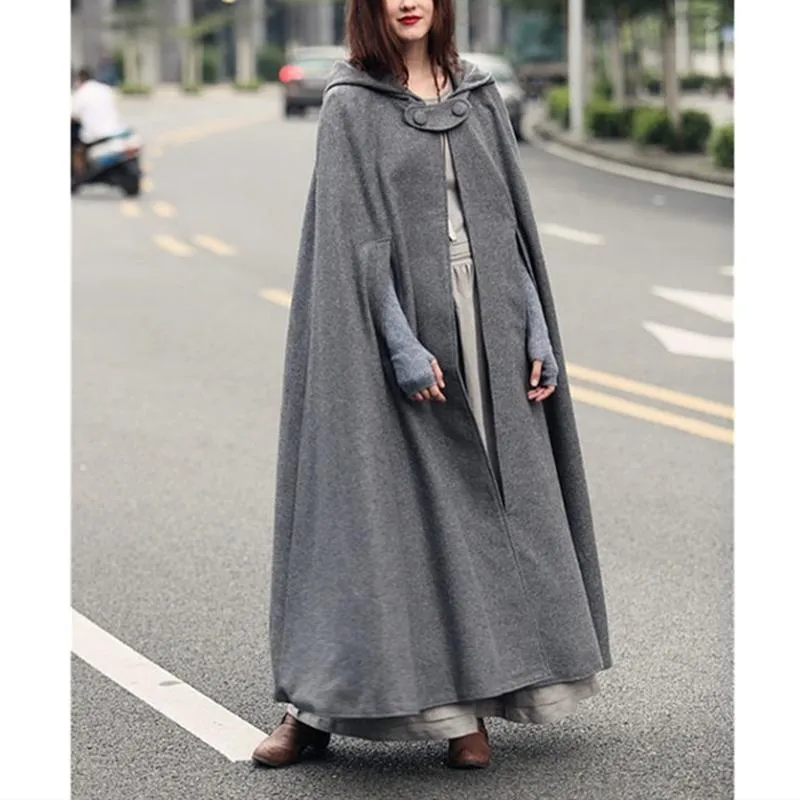 Women hooded cape solid color long duster coat