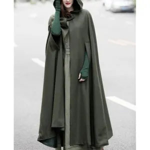 Women hooded cape solid color long duster coat