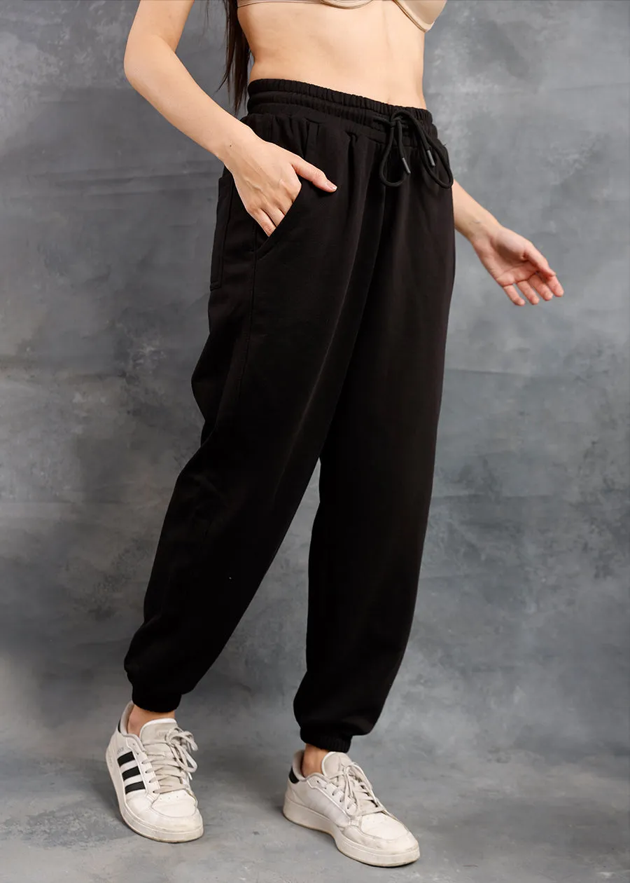 Women Premium Terry Loose Fit Joggers - Black