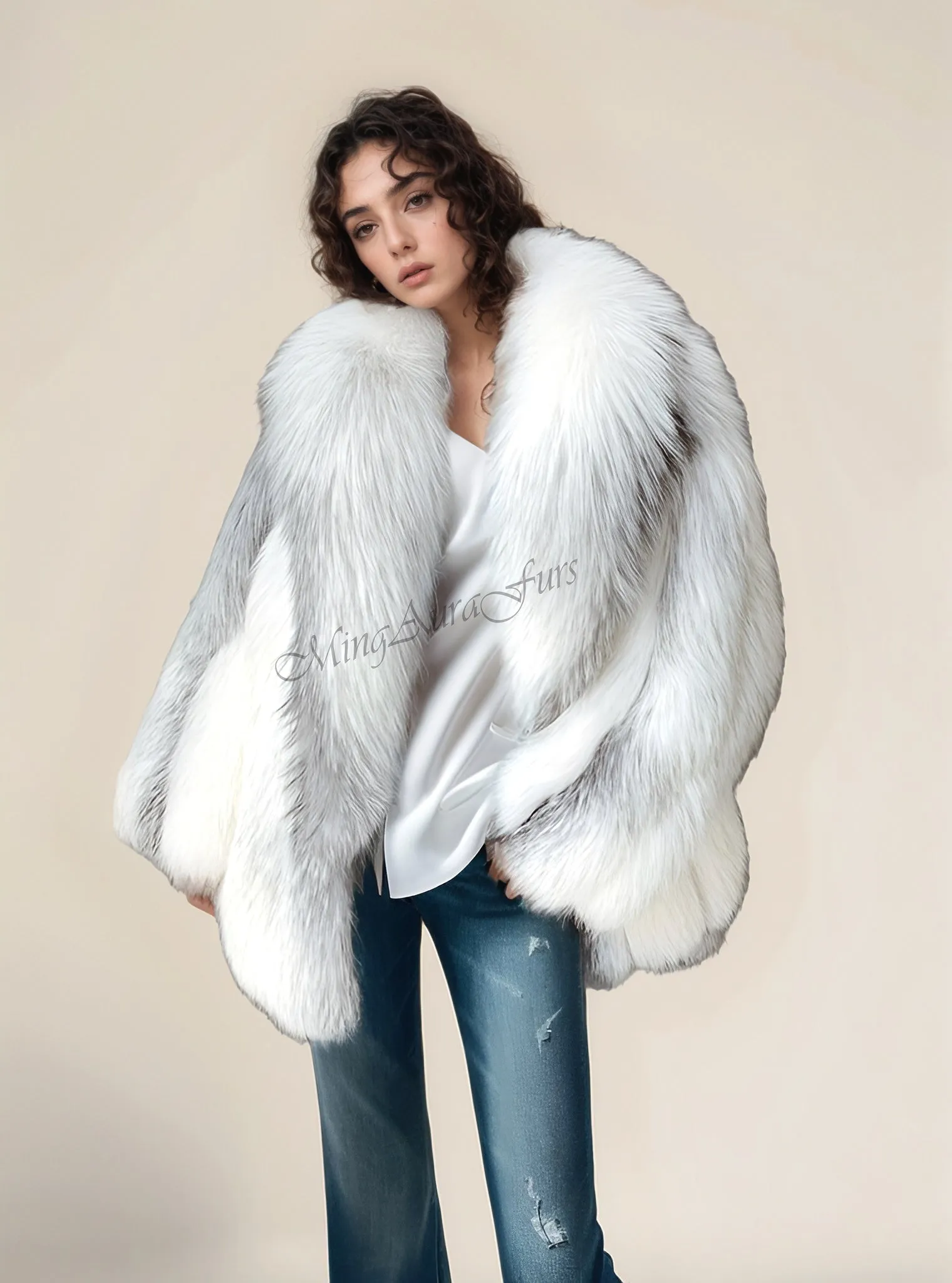 Women's Real Fox Fur Coat with Fur Collar - Artic Marble Frost Fox - G0016