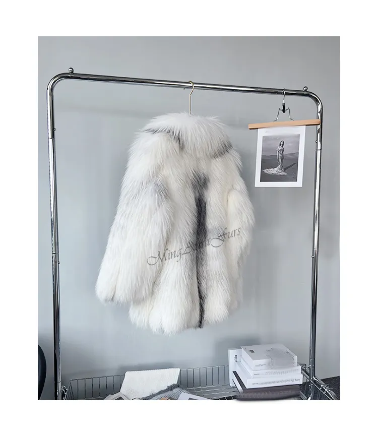 Women's Real Fox Fur Coat with Fur Collar - Artic Marble Frost Fox - G0016