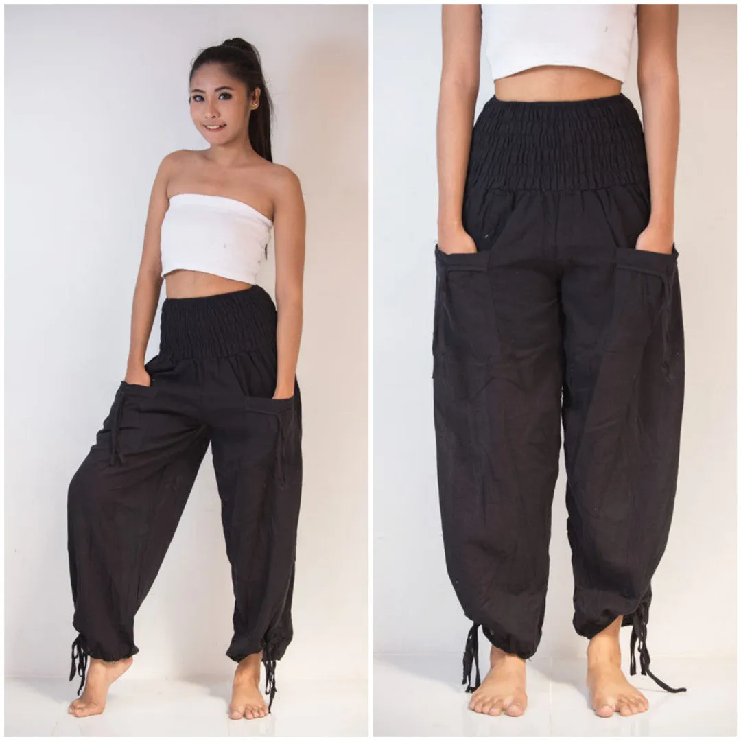 Womens Solid Color Smocked Waist Pants in Black