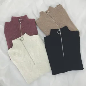 Zipper Turtleneck Solid Women Sweater Skinny Elastic Knitted Full Sleeve Pullover